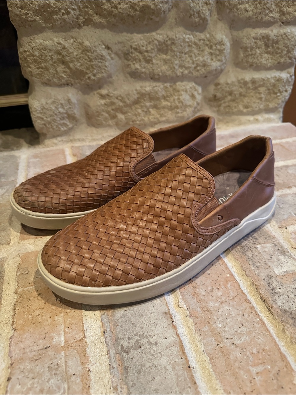 OluKai Men's Woven Leather Slip-On Loafers - Tan 10.5